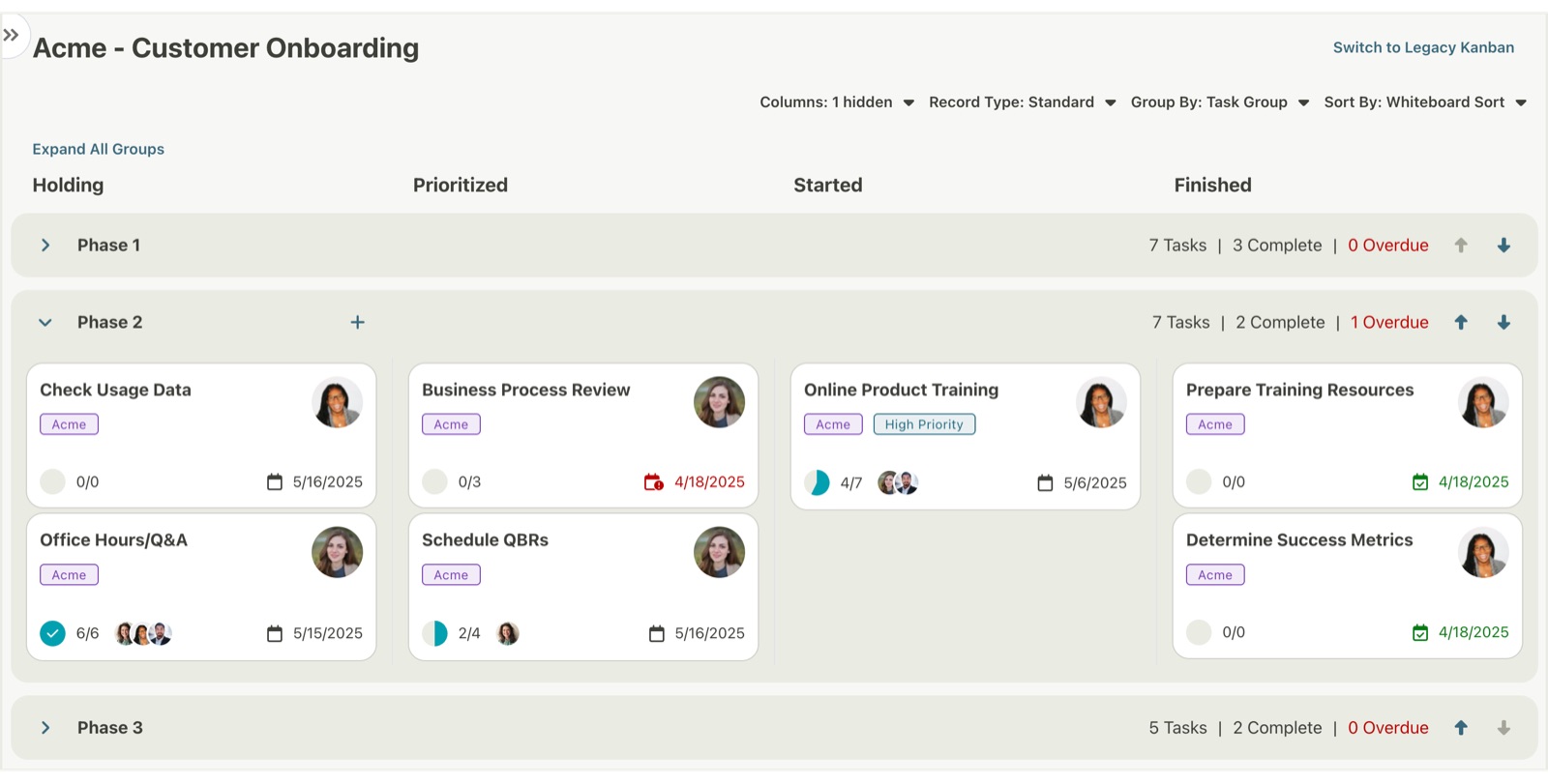 Kanban board for a customer onboarding project grouped by phase