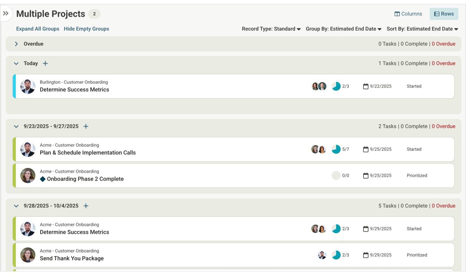 Rows view grouping tasks by estimated end date