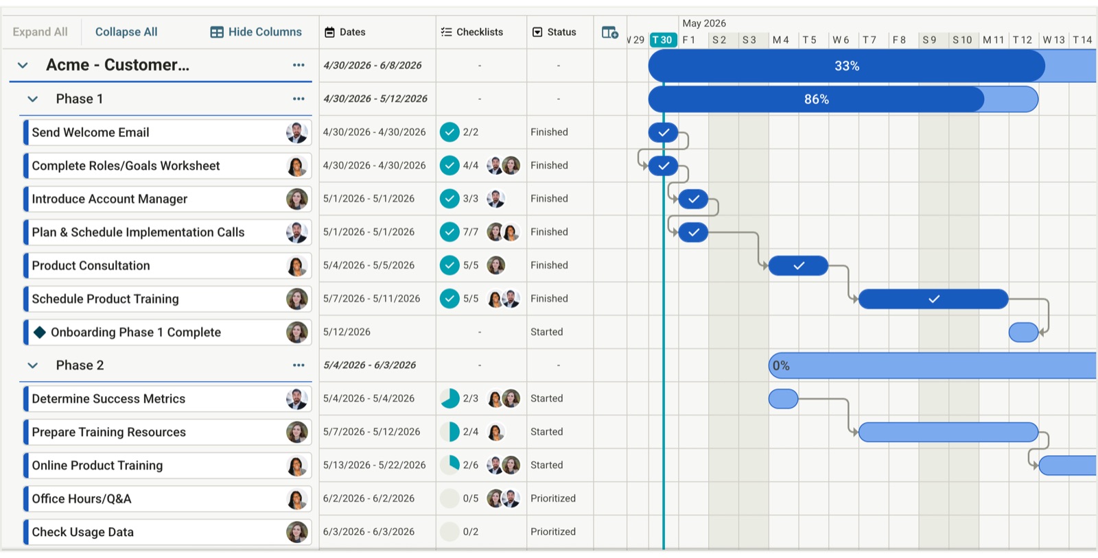 Gantt timeline view showing phases, tasks, dependencies, and progress
