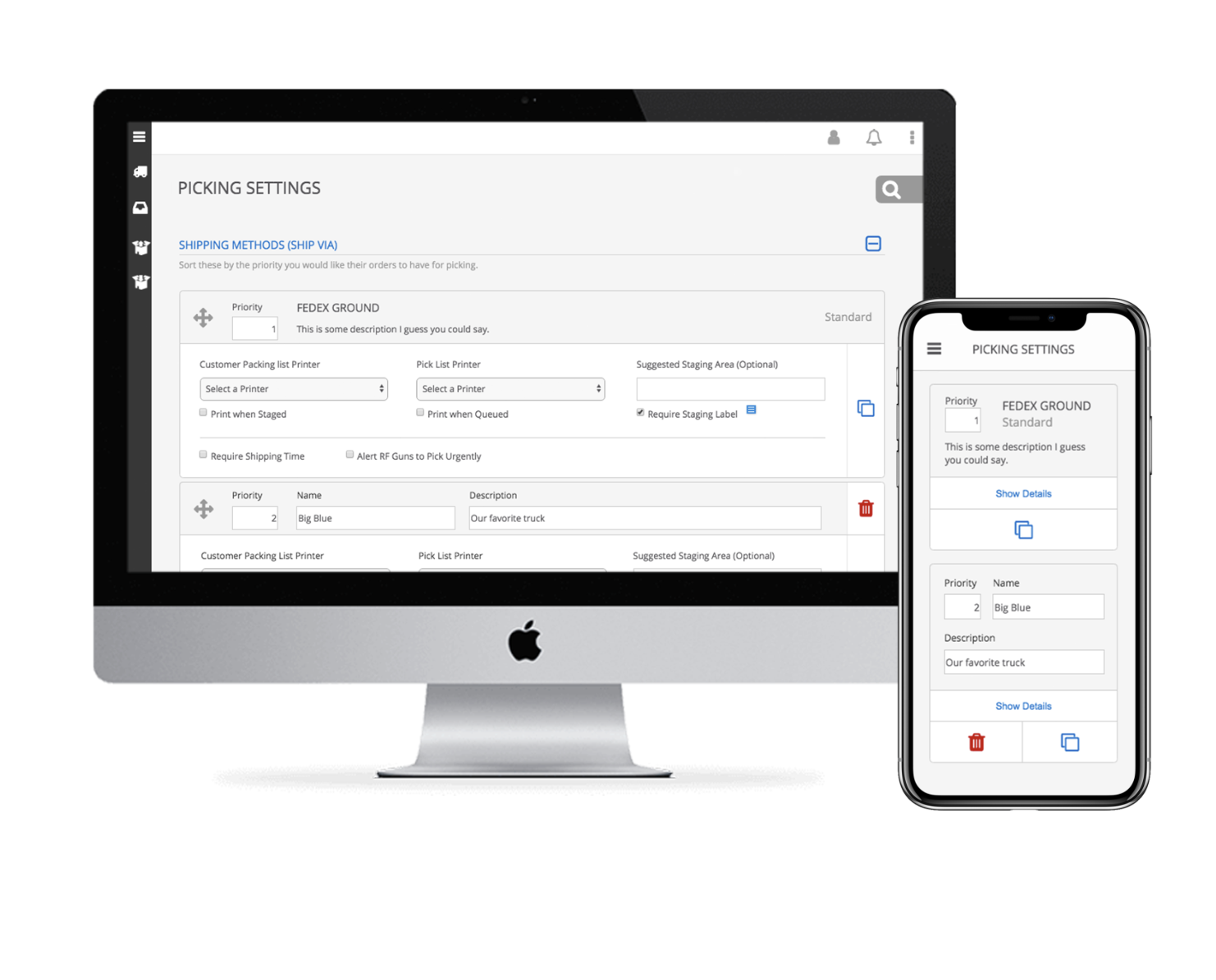 Picking Settings configuration screen, shown on desktop and mobile