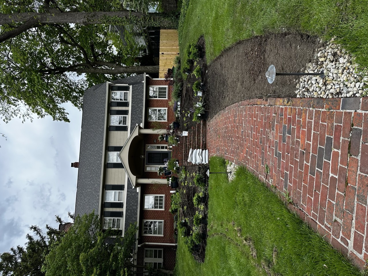 Front yard mid-rework: turf stripped, a new bed re-cut and amended, and plants staged in pots