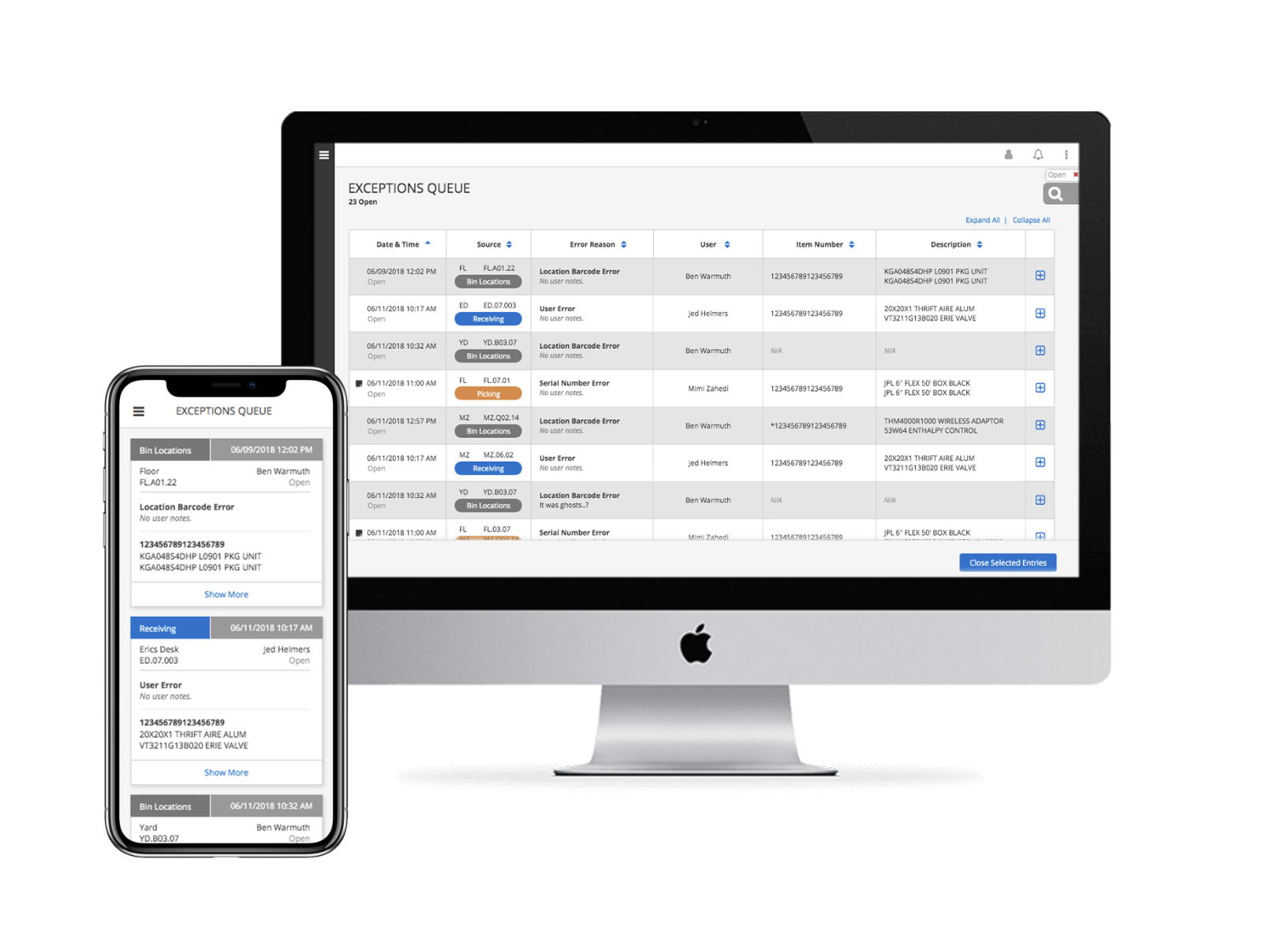 Exceptions Queue surfacing warehouse anomalies, shown on desktop and mobile