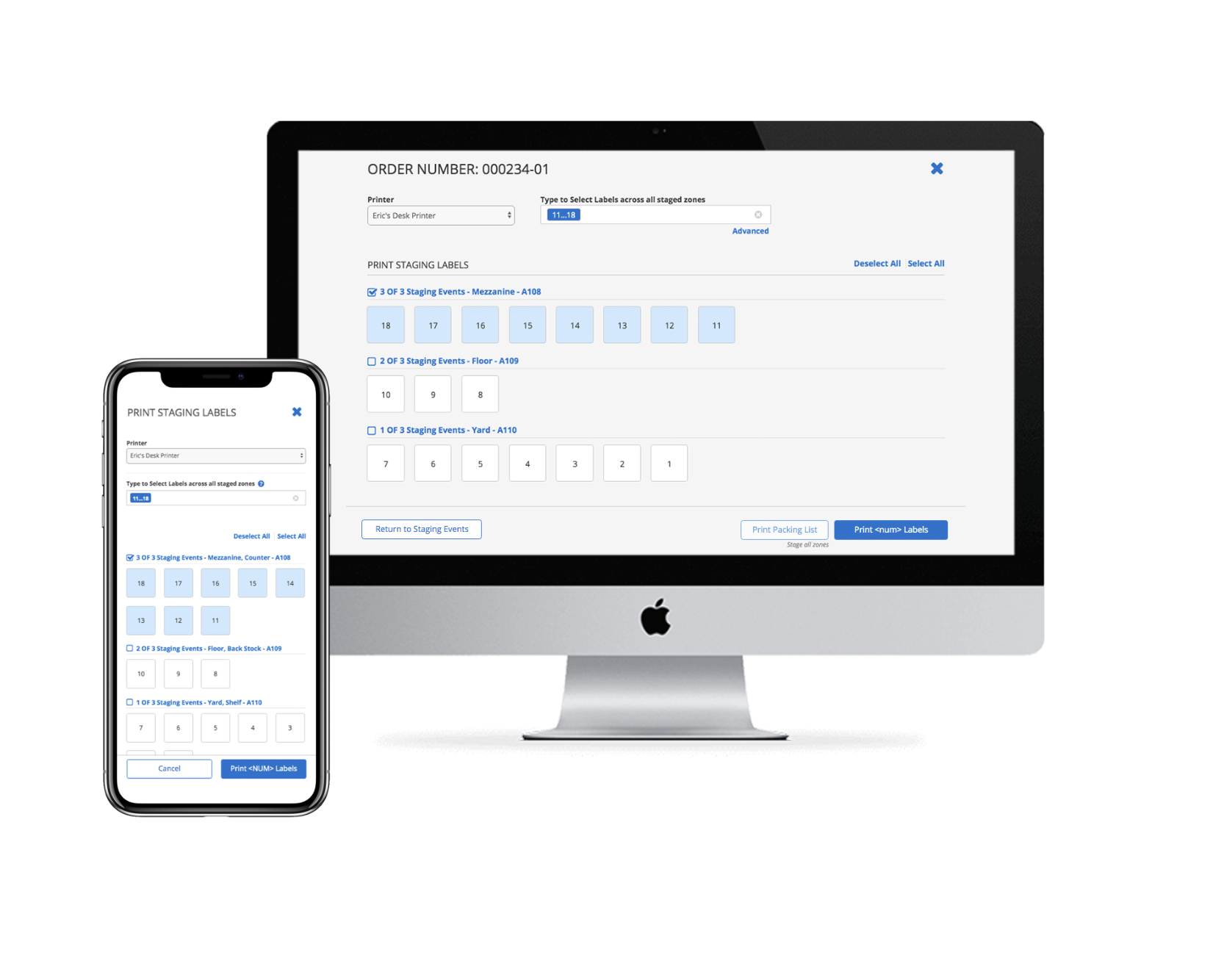 Print Staging Labels order flow, shown on desktop and mobile