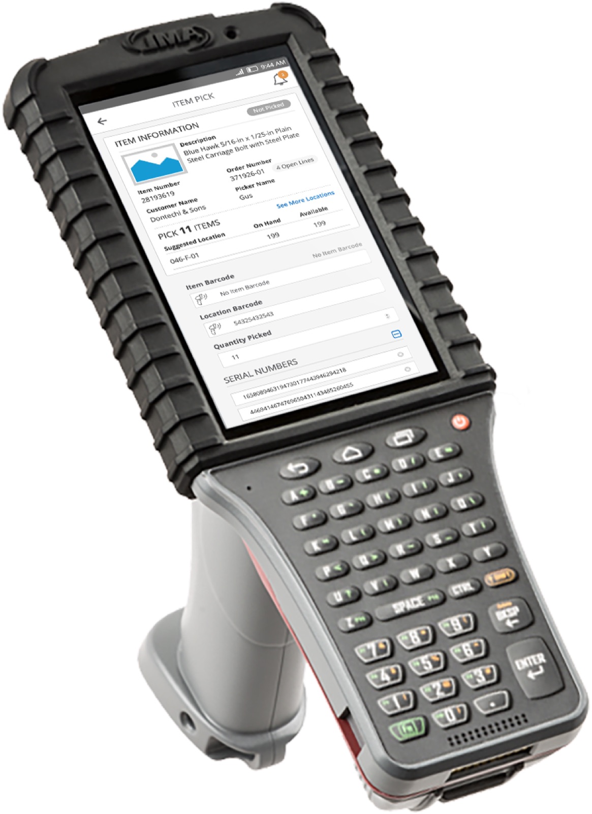 Modernized item-pick screen on the RF scan gun with barcode and serial capture