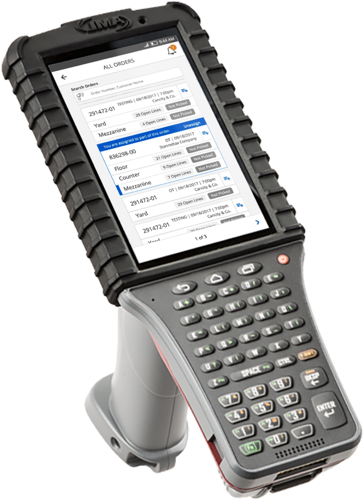 Modernized order list on the RF scan gun grouped by yard, floor, counter, and mezzanine