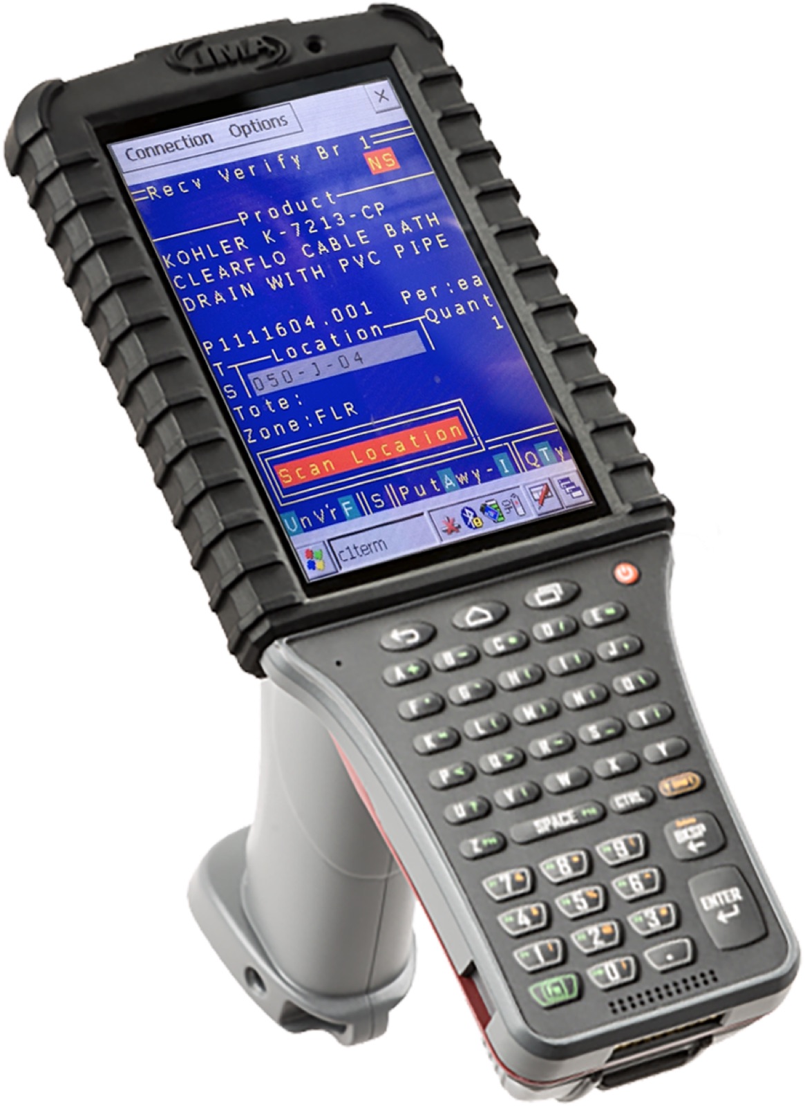 Legacy green-screen ERP receiving screen running on the RF scan gun