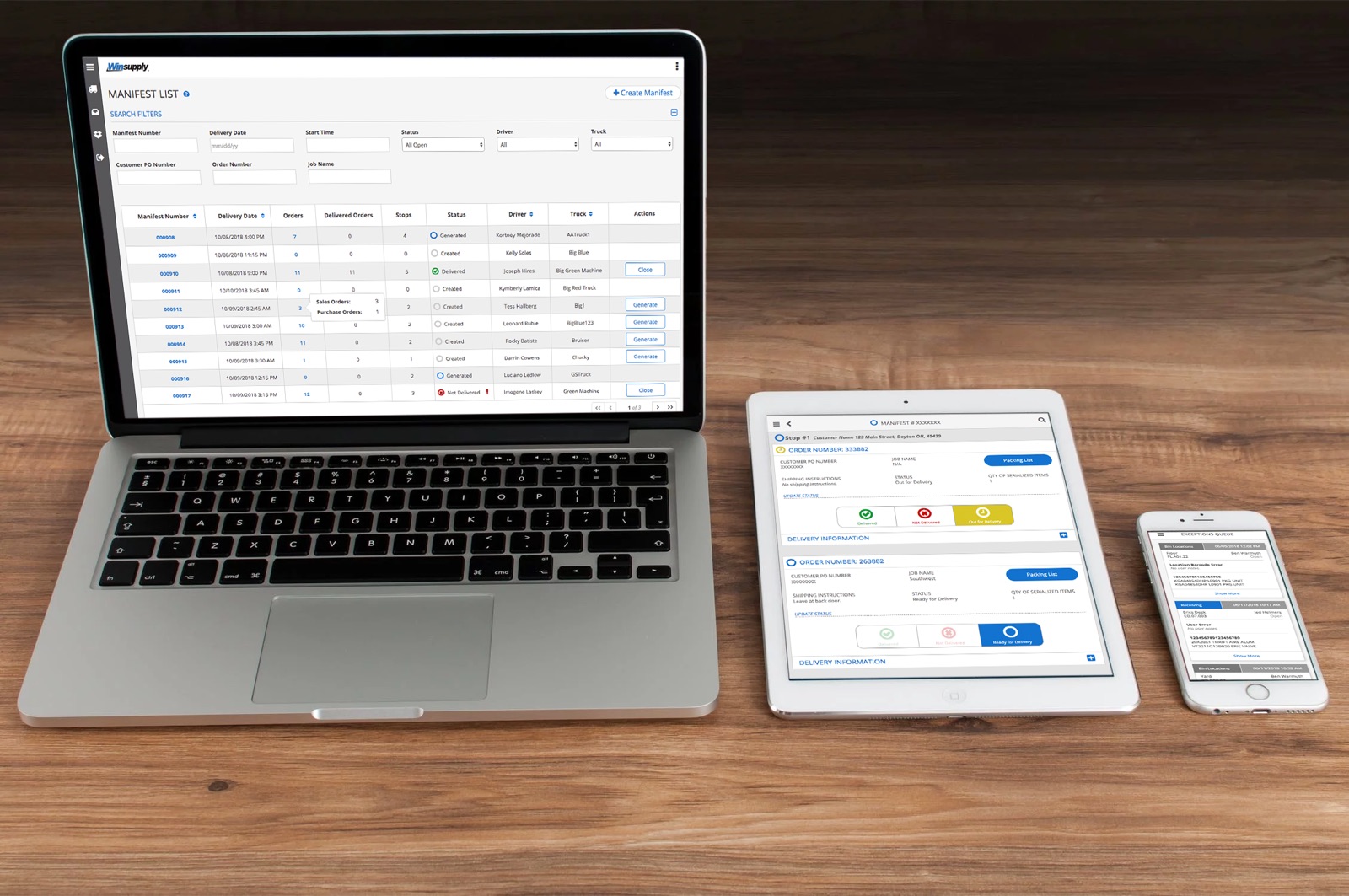 Winsupply manifest management shown across laptop, tablet, and phone
